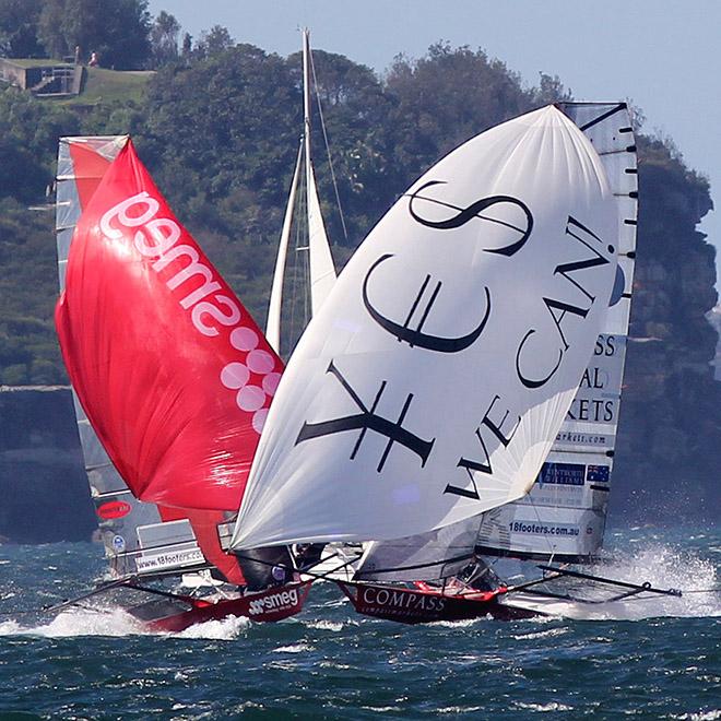 The two leaders cross on the final spinnaker run - 18ft Skiffs: Queen of the Harbour & Alice Burton Memorial Trophy 2017 © 18footers.com